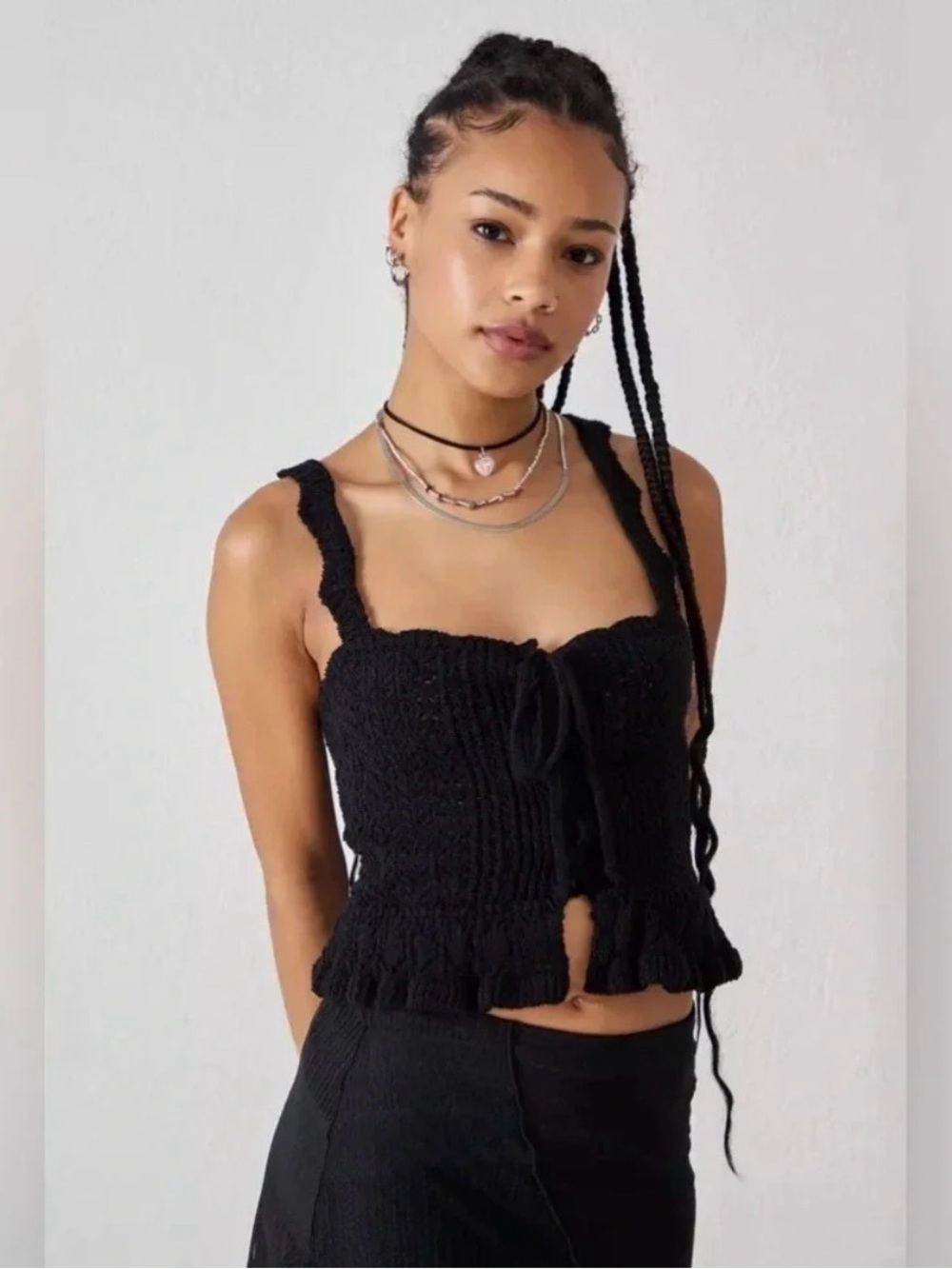 NWT Urban Outfitters Carmella Lace Up Crochet Cropped Top SZ M Black